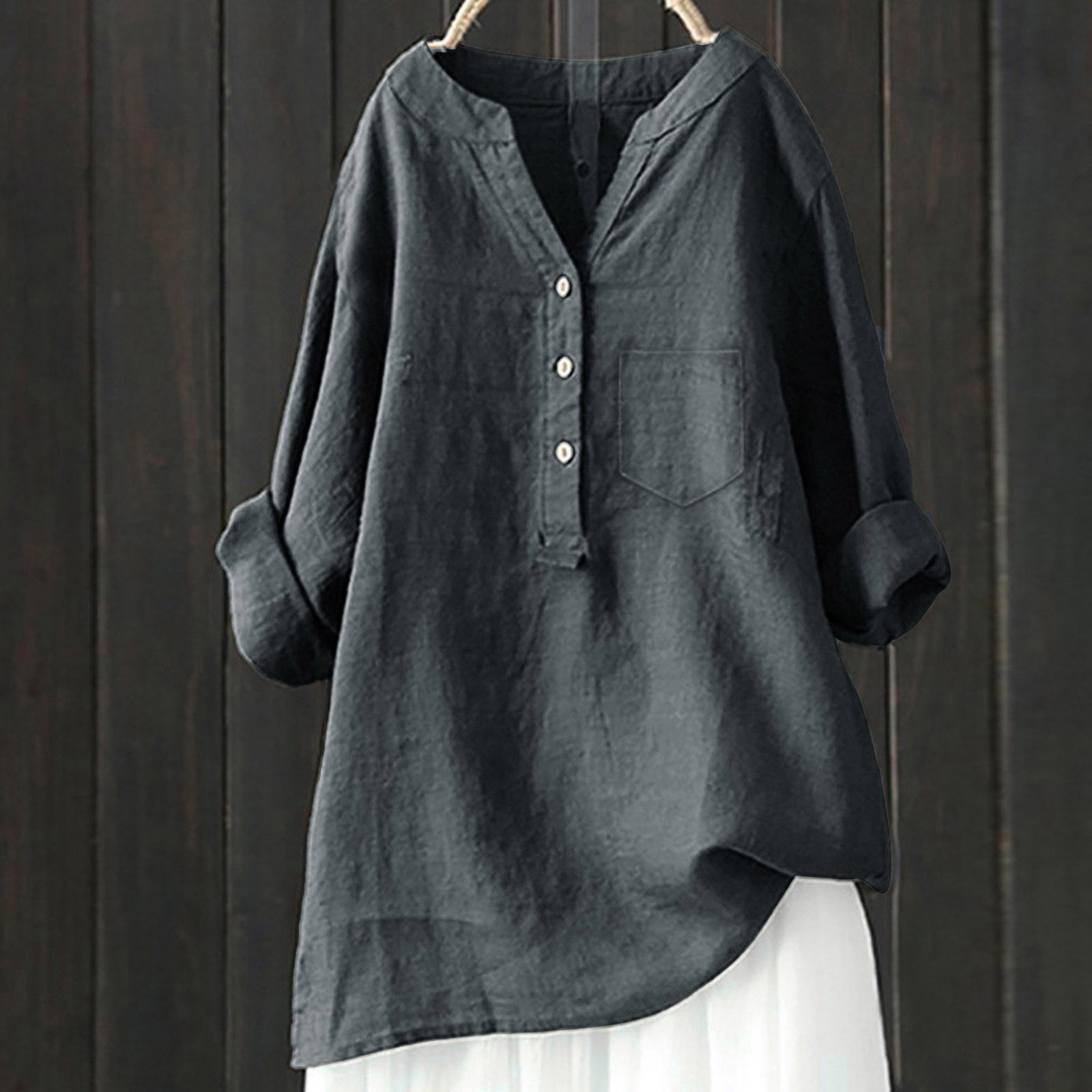 thumbnail image 2 of Camisa holgada de lino liso para mujer: manga larga abotonada, cuello mao, mezcla de poliéster, elegante e informal, 2 of 4